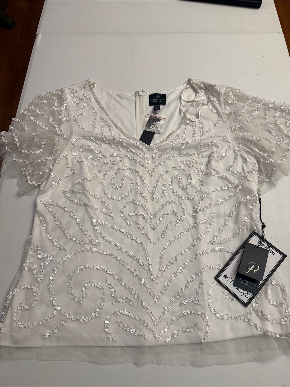 Adrianna Papell Ivory Sequin V-Neck Short Sleeve Top